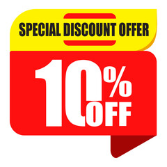 Exclusive 10% off badge in abstract design. Perfect for promotion campaigns and advertising. Red, white, and yellow sticker with bubble elements. Ideal for retail, sales, shopping, or business deals.