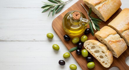 Green black colored fruits from olive tree liquid from fruit glass container branches from olive tree sliced fresh leavened bread wooden surface cutting pale colored rural concept related to food