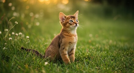 Young kitten with reddish-brown fur and white paws sitting upright in a grassy field