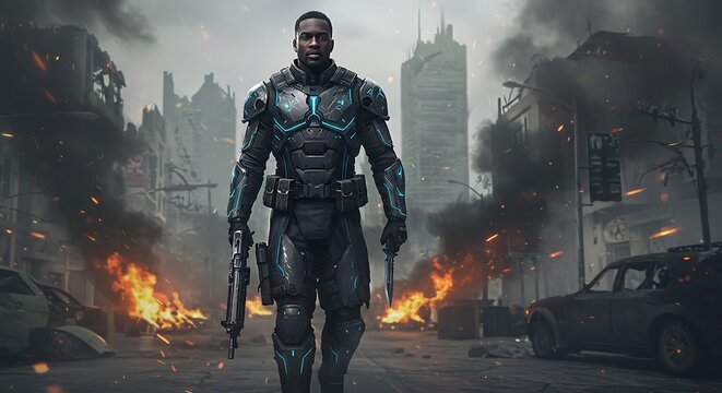 A futuristic bounty hunter walking through a war-torn city, damaged buildings, smoke rising, armor suit, sci-fi weapons, gritty cinematic style