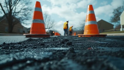 Road Construction Close Up Asphalt Repair Workers Traffic Cones