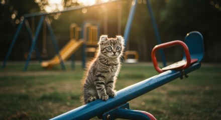 Small tabby kitten sitting on a blue and red teeter-totter in a park