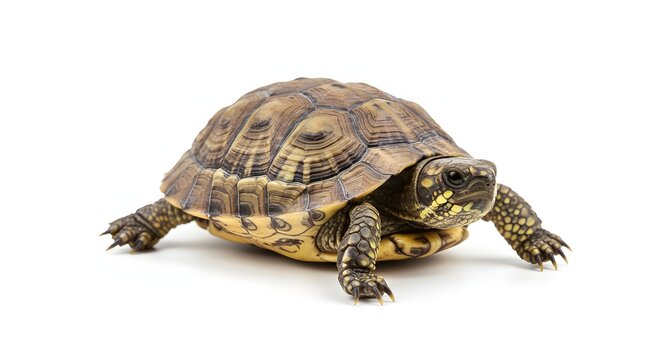 A brown and yellow turtle with patterned shell isolated against a plain white background in studio shot