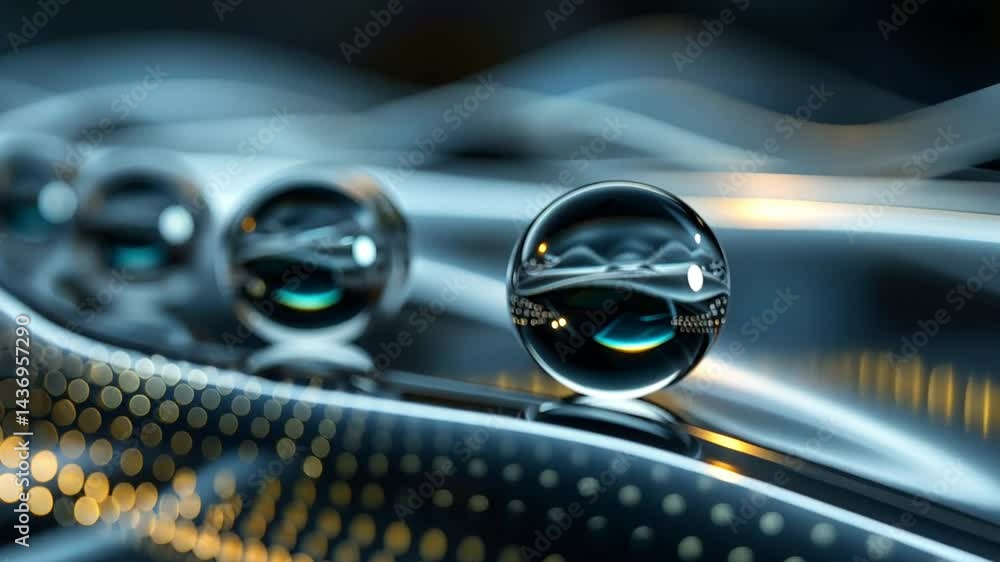 Poster glowing transparent spheres futuristic design of smooth reflections and abstract waves, captivating 