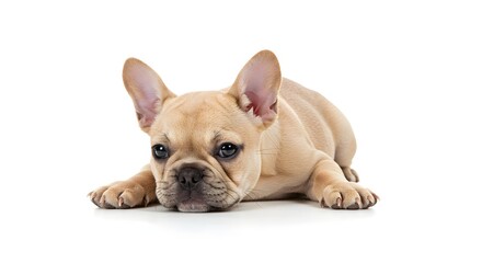 A light brown french bulldog puppy lying down on a white background looking at the camera sadly