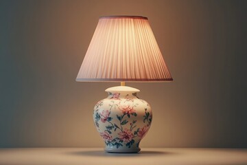 A gently lit table lamp with a pleated pink shade and a floral-patterned ceramic base.
