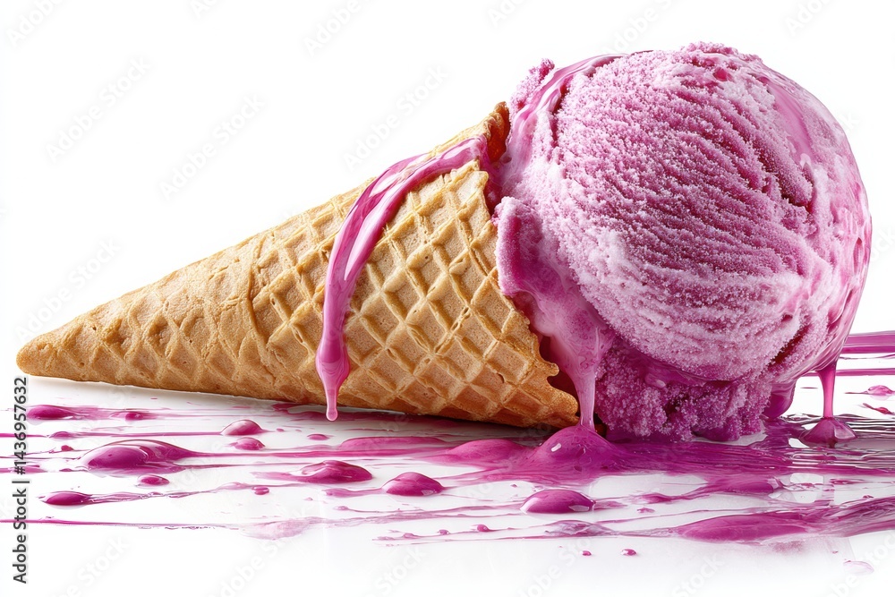 Poster delicious pink ice cream cone with melting scoop and dripping texture isolated on white background