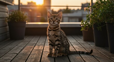 Young Bengal cat with brown and black stripes sitting on a wooden deck with potted plants at sunrise or sunset