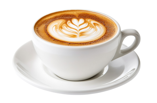 Cup of aromatic hot coffee on color background, top view