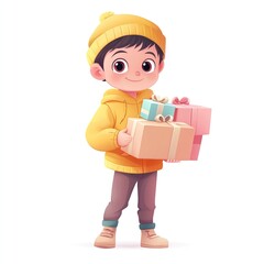 Happy boy holding gifts.