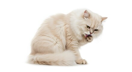 Obraz premium A long haired cat with light fur is sitting and licking its paw against a white background studio shot