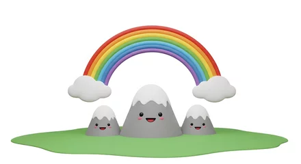 A cheerful cartoon landscape featuring mountains clouds and a vibrant rainbow over a green field