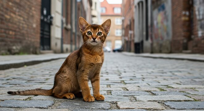 Orange tabby cat sitting on cobblestone street in urban alleyway