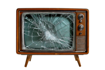 A broken television set with cracked glass on a transparent background, isolated on the right side of an old-fashioned television