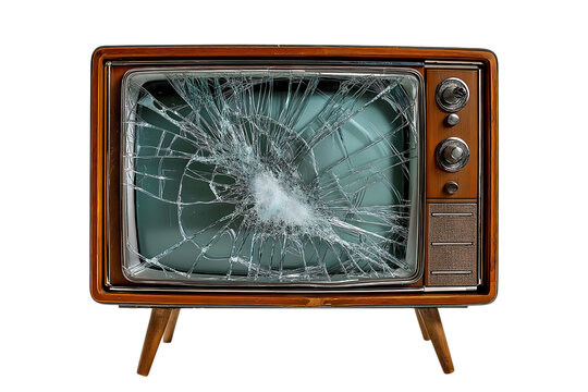 A broken television set with cracked glass on a transparent background, isolated on the right side of an old-fashioned television