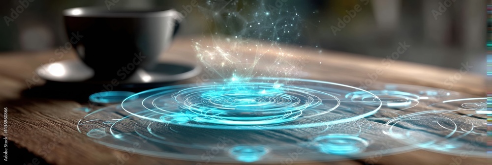 Aufkleber floating interactive hologram menu displayed above coffee cup on wooden table in modern cafe