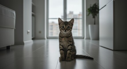 Young kitten with brown and black fur sitting on dark wooden floor in modern room with cityscape view