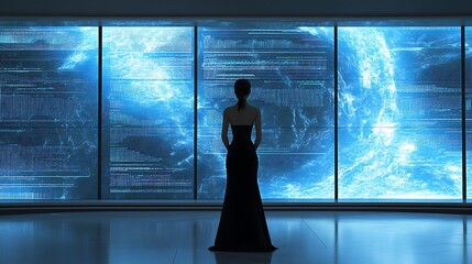 Fototapeta premium Elegant Woman Gazing at Futuristic Global Data Display Screen