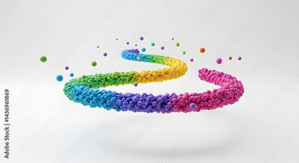 Poster a colorful spiral made of small spheres floating on a white background with scattered small spheres 