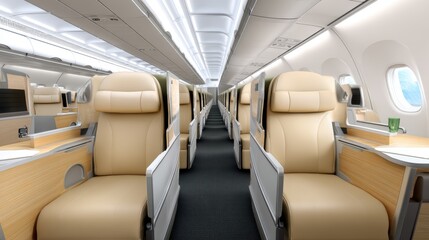 Experience business class luxury seating airplane cabin high-quality imagery clean environment aerial perspective