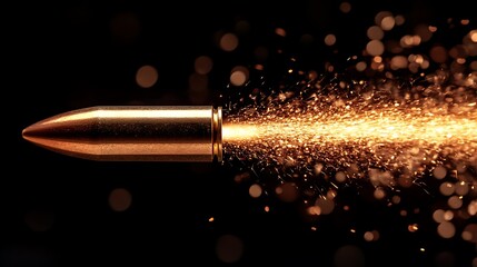 A bullet flying through the air, captured in high-speed photography with motion blur and sparkles.