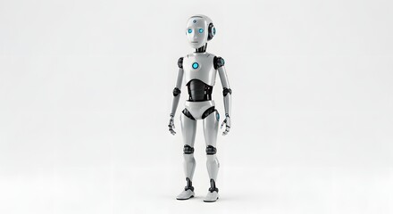 Fototapeta premium A full shot of a sleek white humanoid robot standing on a white background in a studio setting