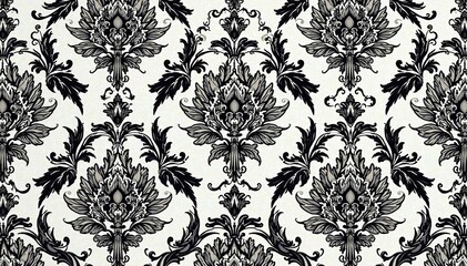 Intricate floral damask pattern in monochrome tones, ornate, art, elegant