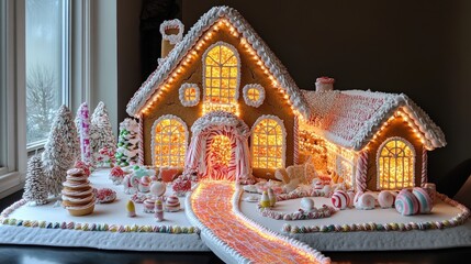 Fototapeta premium Ornate gingerbread house, illuminated with festive lights.