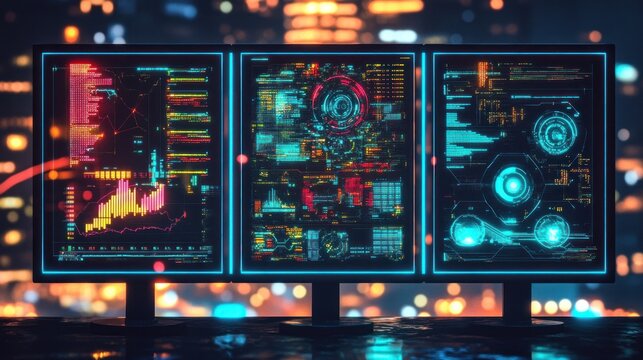 Data dashboards in a city night view