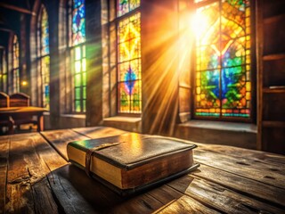 Sunlight Illuminates Antique Bible on Wooden Library Table - Stained Glass Window Long Exposure