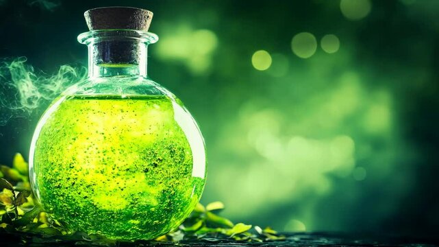 Green potion in glass bottle, mystical atmosphere.