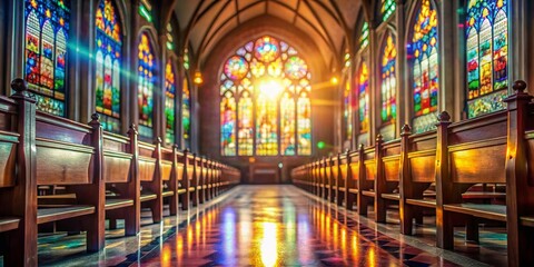 Sunlit Church Aisle with Stained Glass Bokeh - Stock Photo
