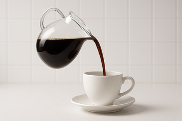 A glass coffee pot mid-pour, suspended above a white ceramic coffee cup and saucer - Generative AI