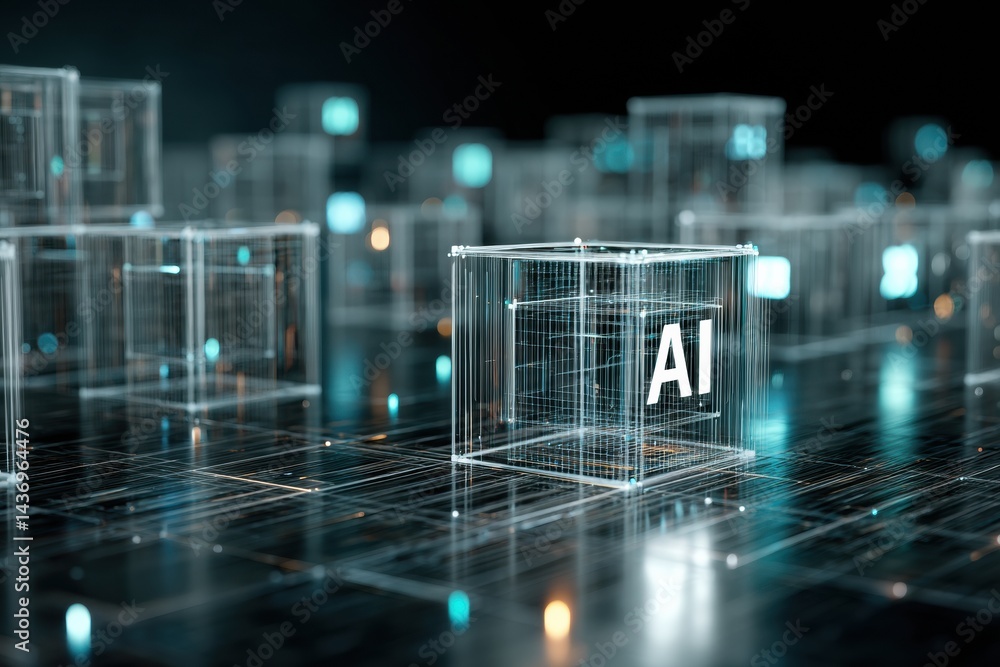 Poster floating hologram of ai logo amidst digital cubes creates a futuristic technology environment in a d