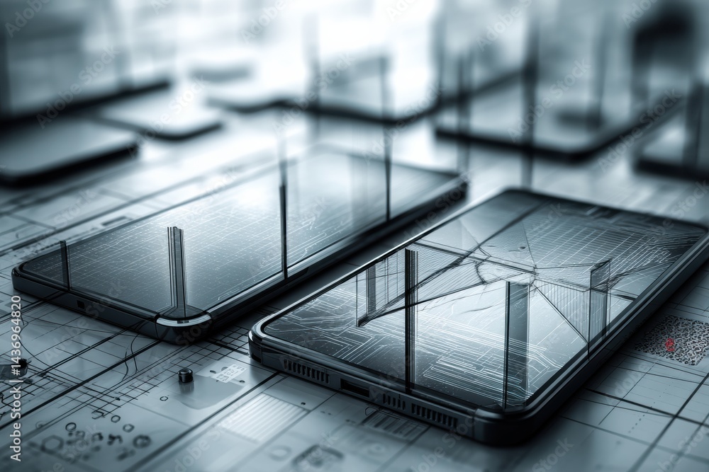 Aufkleber foldable dual-screen smartphone showcases innovative design against a tech grid background in a futu