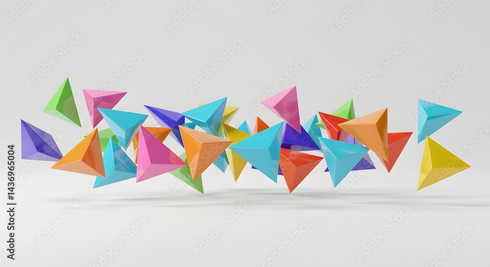 Poster a collection of colorful triangular pyramids floating against a white background in a horizontal arr