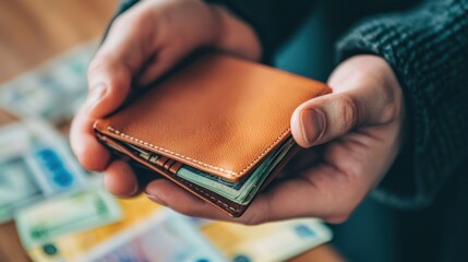 A person holding an empty wallet with banknotes nearby.
