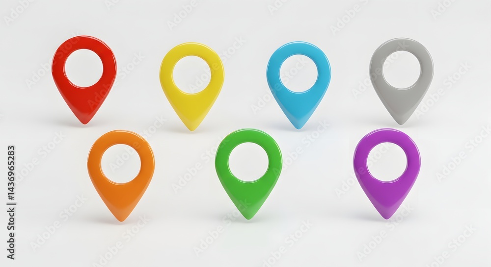 Poster seven colorful map pointer icons arranged on a white surface in a studio setting with soft lighting