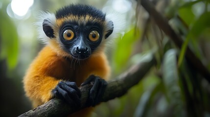 Fototapeta premium A lemur perched on a tree branch in Madagascarâ€™s lush rainforest, wide eyes reflecting the vibrant greens and yellows of the surrounding foliage, fluffy tail curled around the branch, peaceful and i