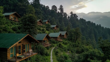Mountainside cabins nestled in lush greenery