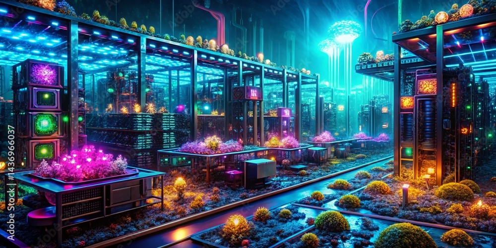Poster surreal asic miners in a futuristic mining farm - 3d render
