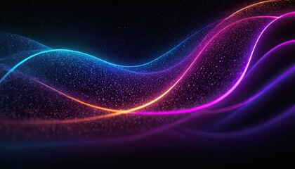 Abstract flowing neon light waves with glitter on dark background