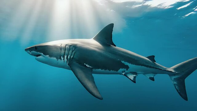 Great white shark in deep blue water.