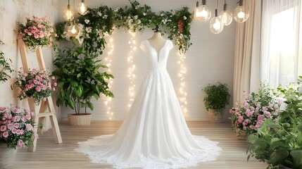 Stunning Wedding Dress with Intricate Lace Detailing in Floral Setting