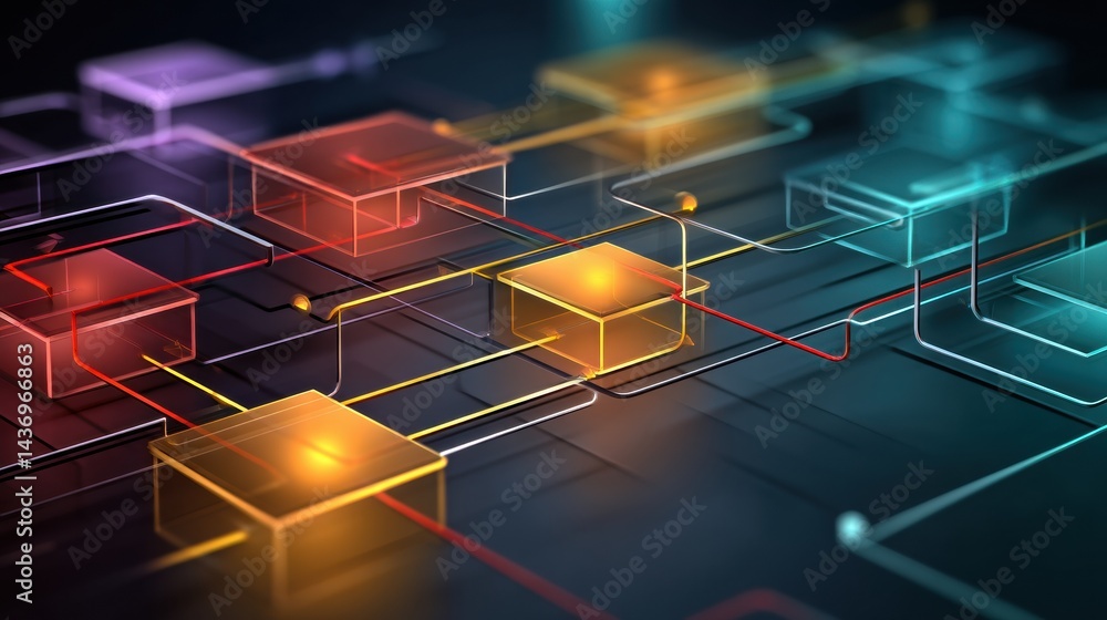 Poster Flowchart Evolves Into a 3D AI Shape With Glowing Edges Displayed in a Futuristic Digital Environment