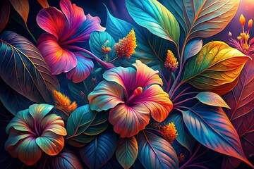 Surreal Hawaiian Floral Dreamscape: Lush Leaves & Vibrant Blooms
