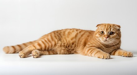Fototapeta premium Orange tabby scottish fold cat lying down on a white surface looking directly at the camera shot in studio