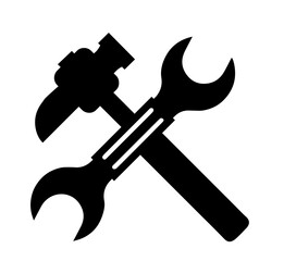 hammer and wrench crossed as emblem of tools and repair, maintenance, technical service, mechanical work, craftsmanship, industrial themes, workshop branding, construction visuals.