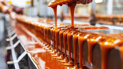 Caramel pouring over a production line of desserts in a factory