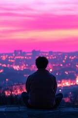 Silhouette of person meditating at sunset over city